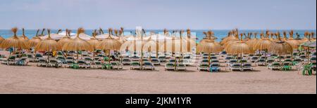 Panorama-Weitblick auf Reihe von Strand Strohschirmen und Liegestühlen am Sommertag, Kopierplatz Stockfoto