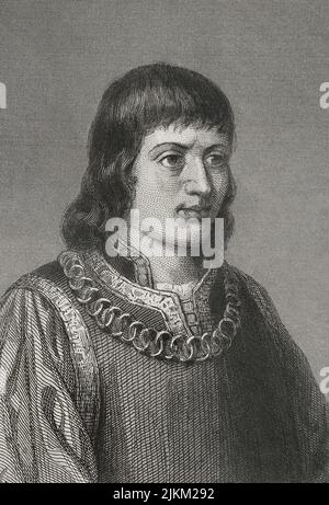 Ferdinand II. Von Aragon, genannt der Katholik (1452-1516). König der Krone von Aragon. König von Kastilien als Ferdinand V. (1474-1504). Hochformat. Gravur von Geoffroy. „Historia Universal“, von César Cantú. Band IV, 1856. Stockfoto