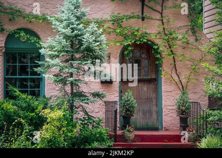 Nahaufnahme der gewölbten Tür und Fenster auf rosa Stuckhaus mit Blumen auf der Veranda Hand Landschaftsbau und Reben auf Wal Stockfoto