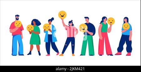 Personen mit Emoji, Smiley-Symbol, die Bewertung und Feedback geben. Kundenauswahl und Mitarbeiterfeedback. Bewertung Sterne Feedback einstufen. Unternehmen Stock Vektor