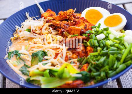 Japanische Ramen-Suppe mit Nudeln, Huhn, Ei, Schnittlauch, Frühlingszwiebeln, bok Choy und Sprossen. Selektiver Fokus und geringe Schärfentiefe. Stockfoto
