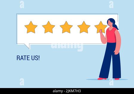 Frau gibt Bewertung und Feedback. Kundenauswahl und Mitarbeiterfeedback. Bewertung Sterne Feedback einstufen. Unterstützung der Geschäftszufriedenheit. Stock Vektor