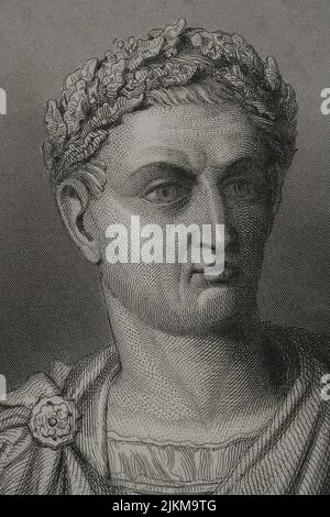 Konstantin I. der große (Gaius Flavius Valerius Constantinus) (ca. 272 - 337). Römischer Kaiser. Hochformat. Gravur. Details. 'Historia Universal)', von César Cantú. Band II, 1854. Stockfoto