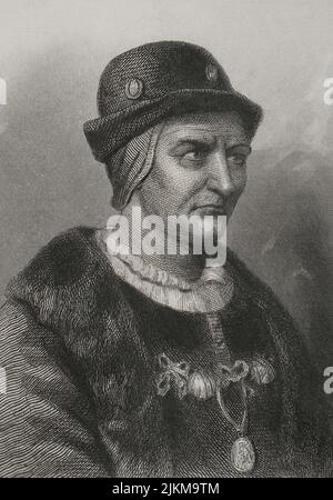 Louis XI. (1423-1483), Spitzname „der Kluge“. König von Frankreich (1461-1483). Hochformat. Gravur von Geoffroy. „Historia Universal“, von César Cantú. Band IV, 1856. Autor: Charles Geoffroy (1819-1882). Französischer Gravierer. Stockfoto