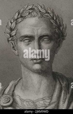 Gaius Julius Caesar (100 v. Chr. - 44 v. Chr.). Römischer Politiker, General und Schriftsteller. 60 v. Chr. gründete er ein Triumvirat mit Pompey und Crassus. Eroberte Gallien. Das Oberhaupt des Imperium ist ein Diktator für immer (Diktator Perpetuus). Hochformat. Gravur. Details. „Historia Universal“, von César Cantú. Band II, 1854. Stockfoto