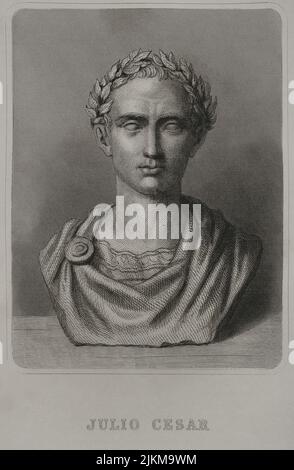 Gaius Julius Caesar (100 v. Chr. - 44 v. Chr.). Römischer Politiker, General und Schriftsteller. 60 v. Chr. gründete er ein Triumvirat mit Pompey und Crassus. Eroberte Gallien. Das Oberhaupt des Imperium ist ein Diktator für immer (Diktator Perpetuus). Hochformat. Gravur. „Historia Universal“, von César Cantú. Band II, 1854. Stockfoto