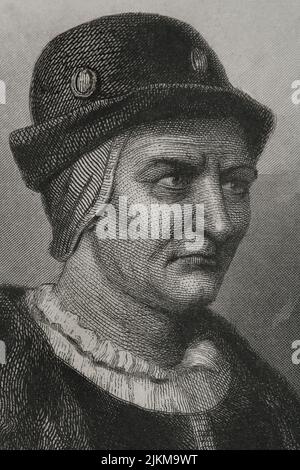 Louis XI. (1423-1483), Spitzname „der Kluge“. König von Frankreich (1461-1483). Hochformat. Gravur von Geoffroy. Details. „Historia Universal“, von César Cantú. Band IV, 1856. Autor: Charles Geoffroy (1819-1882). Französischer Gravierer. Stockfoto