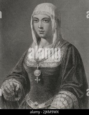 Isabella I. (1451-1504). Königin von Kastilien (1474-1504). Königin Gemahlin von Aragon für ihre Ehe mit Ferdinand II. Von Aragon. Hochformat. Gravur von Geoffroy. Historia Universal, von César Cantú. Band IV, 1856. Autor: Charles Geoffroy (1819-1882). Französischer Gravierer. Stockfoto