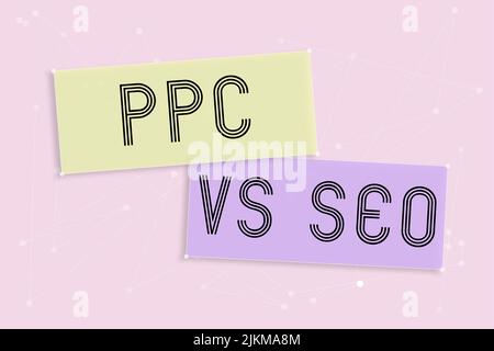 Text mit Inspiration PPC vs. Seo. Konzeptfoto Zahlen Sie pro Klick gegen Suchmaschinen-Optimierungsstrategien Leere Chat-Felder und geometrisch Stockfoto