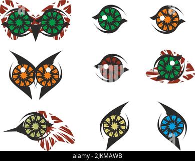 Eyes Kollektion auf weißem Hintergrund für Embleme oder Drucke. Die riesigen Augen der Eule, den stilisierten Vogel und die farbigen Augen für die Logos, den Stoff, die Modetrends Stockfoto
