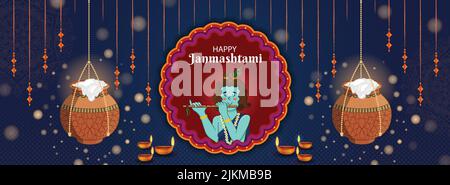 Happy Krishna Janmashtami Hintergrund mit Matki, Makhan, Flöte, Pfauenfedern. Poster Zum Dahi Handi Mandala Festival. Grußkarte, Banner, Social Stock Vektor