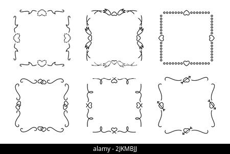 Rahmenteiler zu einem Herzmotiv. Herzen mit Flügeln, mit einem Pfeil, mit Wirbeln, verdrehten Linien, mit Punkten, Mit Wellen, doppelt gesetzt. Dekorative Design-Quadrate zum Dekorieren von Büchern, Planern, Dokumenten Stock Vektor