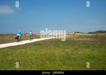 18. Juni 2014 - Radweg an der Westatlantikküste Charente Maritime in der Nähe von La Rochelle, Frankreich, mit vier Touristen auf Fahrrädern Stockfoto