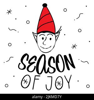 Frohe Weihnachten Avatare Kopf Elf oder gnome und Schriftzug SAISON der FREUDE. Die Xmas schwarz und rot Vektor Illustration in Doodle Art Stil. Trendige Hand Stock Vektor