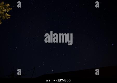 Eine Aufnahme kleiner Sterne in einem Nachthimmel über einem Baum Stockfoto