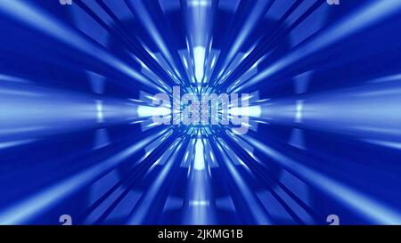 Ein 3D Rendering von s Dynamic Blue Square Tunnel mit Muster und Hintergrundbild. Tapete mit Glühlampen Stockfoto