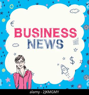 Textschild mit Business News. Geschäftskonzept Handelsmitteilung Marktaktualisierung Corporate Insight Illustration von Lady, die tief denkt Stockfoto