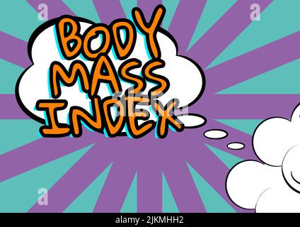Konzeptionelle Beschriftung Body Mass Index. Geschäftsidee Wert, der sich aus dem Gewicht und der Höhe einer individuellen Cloud Thought Bubble mit Template für das Web ergibt Stockfoto