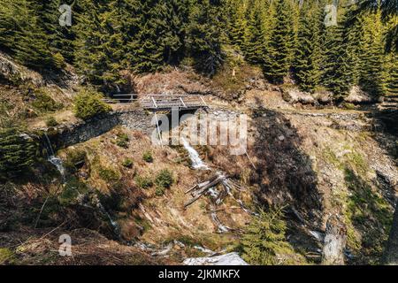 Bergbach mit Holzbrücke im Nationalpark Riesengebirge, Tschechien. Bergbach im Riesengebirge, Böhmen. Stockfoto