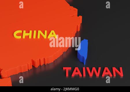 Karte von China und Taiwan in drei Dimensionen. 3D Abbildung. Stockfoto