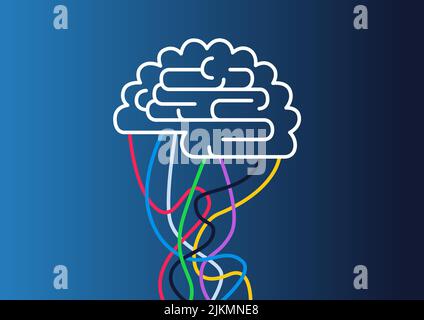 Vektordarstellung eines Gehirnsymbols mit verbundenen Saiten. Konzept für künstliche Intelligenz KI, Brain Internet Interface Stock Vektor