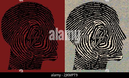 Ein Fingerabdruck bildet den Kopf eines Mannes in einer Illustration über Sicherheit und Identifikation. Stockfoto