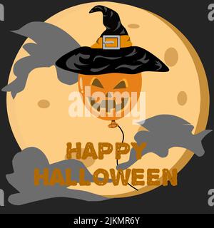 Eine Nahaufnahme von Kürbisdekor in Hexenhut, Vollmond und Happy Halloween Text. Vektorgrafik Stock Vektor