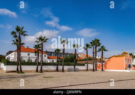 Eine malerische Aufnahme von Palmen und bunten Häusern in Belem, Lissabon, Portugal Stockfoto