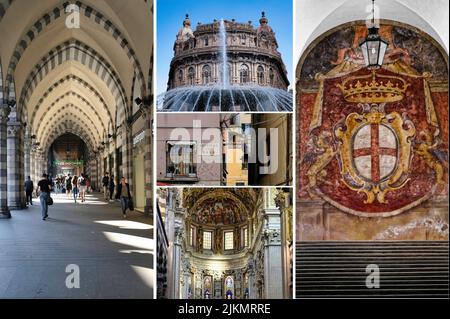 Genua ist eine der interessantesten, schönsten und schönsten Städte Europas, eingeengt zwischen den ligurischen Bergen und dem himmelblauen Meer. Stockfoto