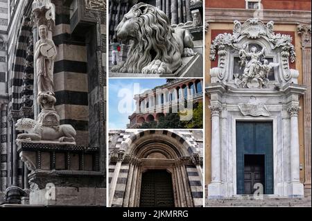 Genua ist eine der interessantesten, schönsten und schönsten Städte Europas, eingeengt zwischen den ligurischen Bergen und dem himmelblauen Meer. Stockfoto