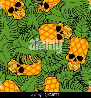 Totenkopf-Muster aus Ananas nahtlos. Skelettkopf und Hintergrund tropischer Früchte. Textur tropischer Blätter Stock Vektor