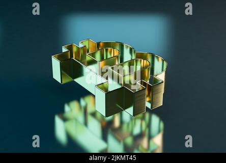 Eine Darstellung des Bitcoin-Zeichens aus dem Jahr 3D auf einem gespiegelten Hintergrund Stockfoto