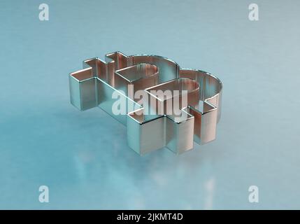 Eine Darstellung des Bitcoin-Zeichens aus dem Jahr 3D auf einem gespiegelten Hintergrund Stockfoto