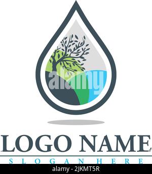 Logo über die Natur mit einem Bild eines Baumes in einem Wassertropfen Stock Vektor