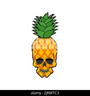 Ananas Schädel Pixel Kunst. Skelettkopf und tropische Frucht 8 Bit. Pixelige Vektor-Illustration Stock Vektor