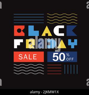 Eine Vektordarstellung eines Black Friday-Werbebanners mit quadratischen Blockbuchstaben auf dunklem Hintergrund Stock Vektor