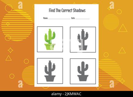 Finden Sie den richtigen Schatten. Arbeitsblatt zur Entwicklung von Schulungen. Passende Spiel für Kinder. Stock Vektor