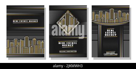 Vector Flyers Set, 3 Faltprospekte mit Platz für Text auf beleuchtetem Skyline Hintergrund, dreizeilige Art Design Flyer Vorlage für den Bau constructio Stock Vektor