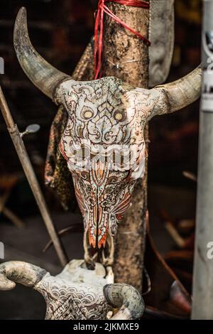 Eine vertikale Nahaufnahme des geschnitzten Stierschädels Stockfoto