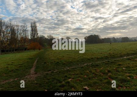 Die wunderschöne Wolkenlandschaft über der grünen Wiese im Park. London, Brixton. Stockfoto