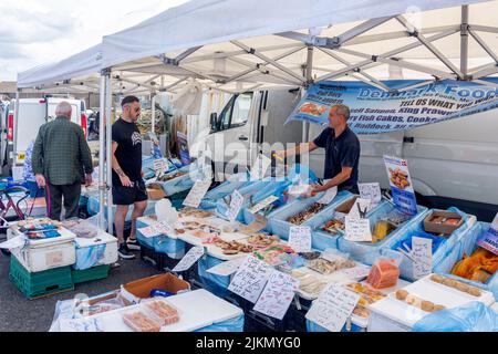 Fischmarkt in Amble Quayside Market, Amble, Northumberland, England, Vereinigtes Königreich Stockfoto