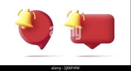 3D Symbol der roten Benachrichtigungsblase mit klingelender Glocke. Vektorgrafik Stock Vektor