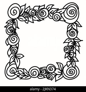 Rahmen mit Blumen und Blättern, schwarze Linie isoliert auf weißer Vektorgrafik Stock Vektor