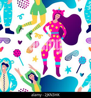 Funky Mädchen lustig Pyjama Home Musik Party nahtlose Vektor-Muster. Cartoon-Kostüm-Figur Stock Vektor