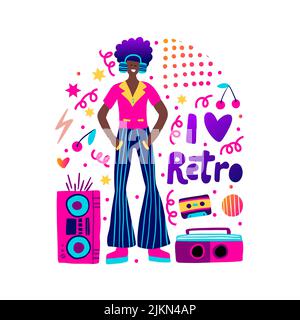 80s retro Musik Party Poster funky Vektor Mode afroamerikanischen Jungen Karte für Druck Stock Vektor