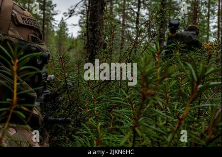 Ein US-Soldat mit 4. Squadron, 10. Kavallerie-Regiment, 3. Panzerbrigade-Kampfteam, 4. Infanterie-Division zieht während der Vigilant Fox, einer gemeinsamen Übung, bei der finnische Soldaten, US-Soldaten, Und britische Soldaten, die dem Bataillon 2., Gewehre-Regiment, in Niinisalo, Finnland, zugewiesen wurden, Juli 27, 2022. Der 3/4. ABCT ist unter anderem der 1. Infanterie-Division zugeordnet und arbeitet stolz mit NATO-Verbündeten und regionalen Sicherheitspartnern zusammen, um dem V Corps, dem US-amerikanischen Vorkämpfer, kampfglaubwürdige Streitkräfte zur Verfügung zu stellen Stockfoto