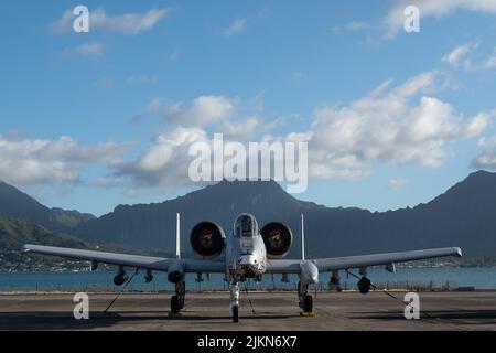 Mehr als 200 Luftwaffe und 10 A-10 Thunderbolt II Wardogs der 924. Fighter Group des 944. Fighter Wings arbeiten während der Teilnahme der Einheit an Rim of the Pacific (RIMPAC) 2022 von der Marine Corps Base Hawaii aus, 27. Juli 2022. 26 Nationen, 38 Schiffe, drei U-Boote, mehr als 170 Flugzeuge und 25.000 Mitarbeiter nehmen vom 29. Juni bis zum 4. August an RIMPAC in und um die Hawaii-Inseln und Südkalifornien Teil. RIMPAC, die weltweit größte internationale maritime Übung, bietet eine einzigartige Ausbildungsmöglichkeit und fördert und pflegt kooperative Beziehungen Stockfoto