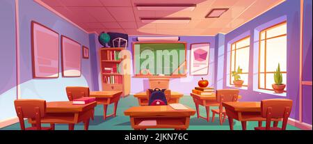 Geometrie Klassenzimmer Innenraum, Schulklasse Zimmer mit Lehrer Tisch, Studenten Schreibtische, Tafel mit geometrischen Aufgaben und Lineale, Schrank mit Lehrbüchern, Studieren Plakate, Cartoon-Vektor-Illustration Stock Vektor