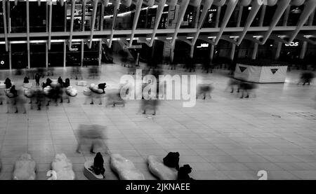 Eine Graustufenaufnahme mit Langzeitbelichtung von Menschen, die in New York am Bahnhof Oculus hetzen Stockfoto