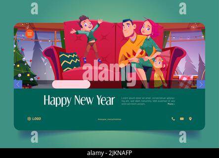 Frohes Neujahrsbanner mit Familie im Wohnzimmer mit Weihnachtsbaum. Vektor-Landing-Page der Winterferien mit Cartoon-Illustration von niedlichen Kindern und Eltern auf der Couch sitzen Stock Vektor